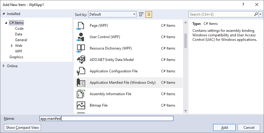 Adding manifest to C#